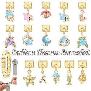 Nahaufnahme der goldenen italienischen Charm-Armbandglieder mit Emaille-Anhängern