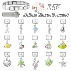 Bracciale componibile italiano in acciaio inossidabile con ciondoli animali in smalto
