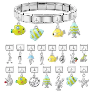 Bracciale modulare italiano in acciaio inossidabile con ciondoli marini e animali colorati