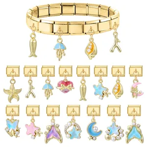 Italienisches Gold-Edelstahl-DIY-Charm-Armband mit 16 Meeres-Ozean-Anhängern