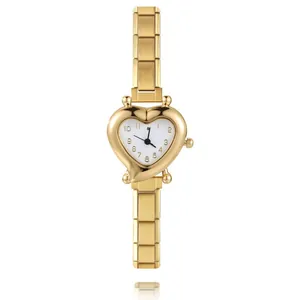 Elegant gold heart-shaped women's quartz watch with polished metal link strap and white dial