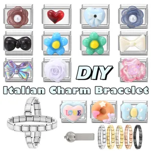 Italian charm bracelet links with floral and heart motifs plus stainless steel tool