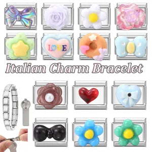 Detailed grid of Italian charm bracelet links featuring resin butterfly and heart designs
