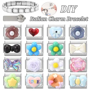 DIY Italian charm bracelet kit with 16 modular stainless steel links and floral heart charms