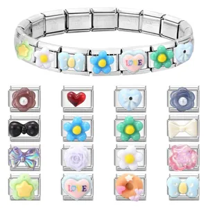 Vintage DIY Italian modular bracelet with colorful charms and stainless steel links
