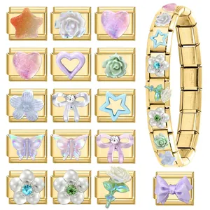 Goldenes Edelstahl Modulares DIY Charm-Armband mit bunten Stern- und Blumenelementen