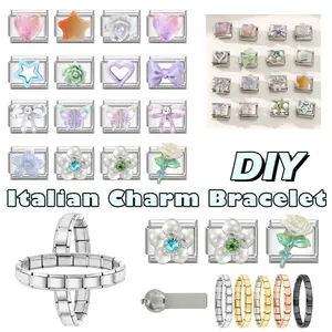 Italian charm bracelet modules in various patterns and finishes with adjustment tool