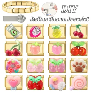 DIY Italian charm bracelet set with golden stainless steel links and cartoon charms