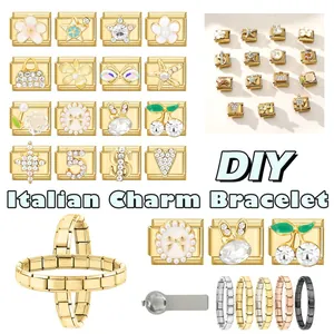 Detail showing modular gold DIY charms and stainless steel Italian charm bracelet parts