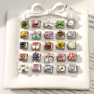 Detailed grid view of 25 colorful 3D Italian charms with butterfly and heart patterns