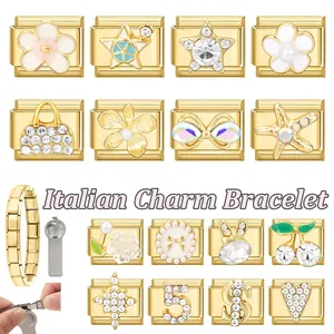 Macro view of modular Italian gold charms with rhinestones and assembly tool