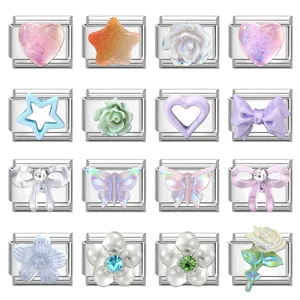 DIY Stainless Steel Italian Charm Bracelet Links Modular Jewelry Accessory For Women Heart Rose Butterfly Star Bow Pattern Jewelry Making Gift