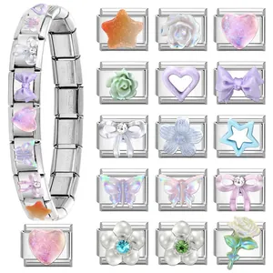 Modular stainless steel Italian charm bracelet kit with heart and butterfly charms
