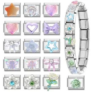 DIY modular stainless steel charm bracelet with pastel crystal and floral charms