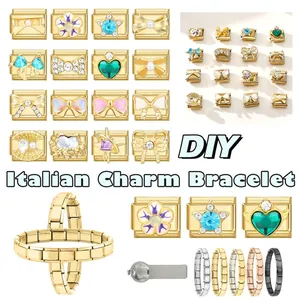 Macro detail of modular Italian charm bracelet links in five metallic finishes with DIY designs