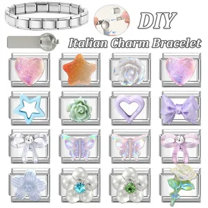 DIY Italian charm bracelet set with stainless steel links and decorative pendants
