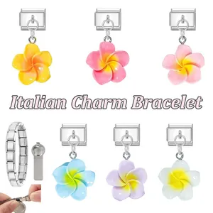 Italian charm bracelet DIY kit with colorful plumeria flowers and assembly tool set