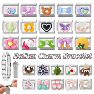 Italian charm bracelet detail featuring stainless steel DIY modular links with cute patterns
