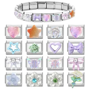 Italian charm bracelet set with 16 modular charms featuring flowers, stars and hearts
