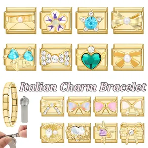 Detailed set of golden Italian charms featuring pearls and colorful gems for DIY bracelets