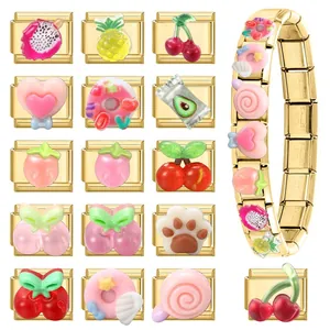 Italian charm bracelet with colorful fruit and candy icons on golden stainless steel base