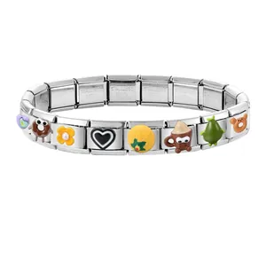 Detail of DIY stainless steel charm bracelet featuring 3D avocado and heart modules