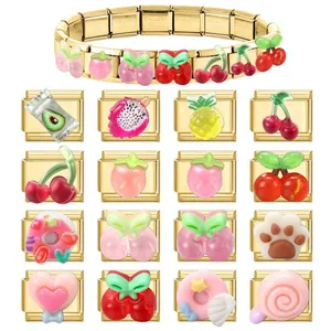 Italian charm bracelet in gold stainless steel with colorful fruit and dessert charms