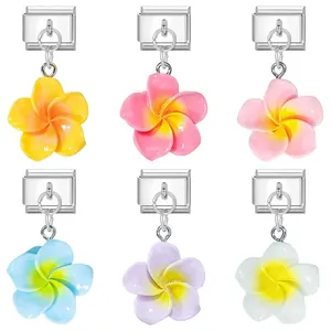 Stainless Steel Italian Charm Link Dangle Plumeria Flower DIY Bracelet Modular Component Fashion Jewelry Accessory For Women