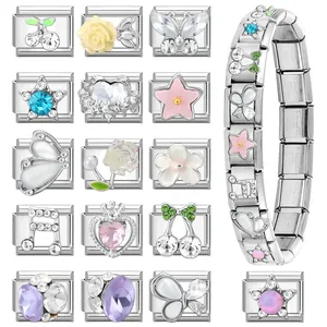 Italienische Charm-Armband-Module aus Edelstahl mit Sternen-, Herz- und Blumendetails