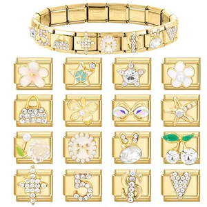 Golden Italian Charm Bracelet with stainless steel links and sparkling rhinestone charms