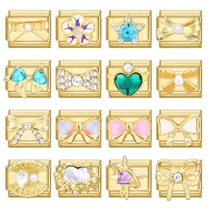 Gold Stainless Steel Italian Charm Bracelet Links Sweet Bow Heart Star Shell Pearl Rhinestone DIY Jewelry Charms For Women