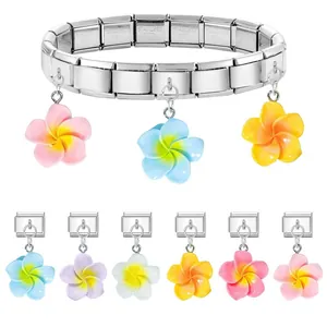 Italian charm bracelet with colorful plumeria flower pendants and stainless steel modules