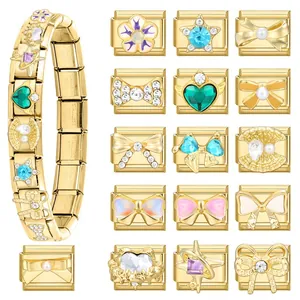 Gold modular Italian charms bracelet with 20 assorted decorative stainless steel links