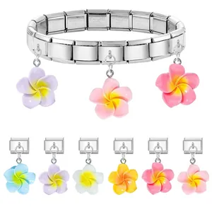 Italian charm stainless steel bracelet with colorful plumeria flower pendants for DIY jewelry