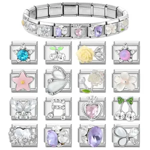 Italienisches Charm-Armband aus Edelstahl mit bunten Edelstein- und Emaille-Gliedern