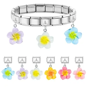Modular stainless steel link bracelet with six colorful enamel plumeria flower charms