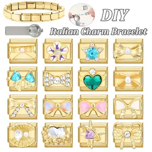 DIY Italian charm bracelet set with golden stainless steel links and variety of pendants