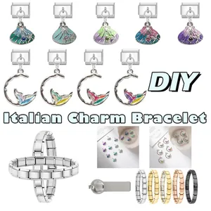 Details von italienischen Charm-Armbandgliedern mit Meeresmotiven wie Muscheln und Meerjungfrauen