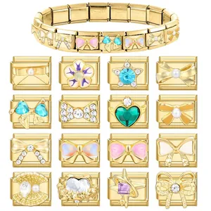 Gold stainless steel modular charm bracelet with colorful enamel butterfly and star links
