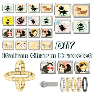 Detail of DIY Italian charm bracelet links featuring cute enamel cat and dog designs