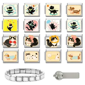 Macro detail of 16 animal enamel Italian charms and DIY stainless steel link bracelet