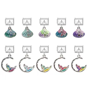 Edelstahl Italienische Charms Für DIY Armband Meerjungfrauenschwanz Muschel Emaille Strass Meer Thema Schmuck Glieder