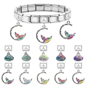 Italienisches Charm-Armband aus Edelstahl mit Meerjungfrauenschwanz und Muschel-Anhängern