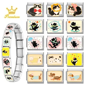 Stainless Steel DIY Italian Charm Bracelet Link Cute Cartoon Animal Enamel Cat Dog Modular Jewelry Making Accessory
