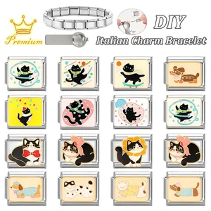 DIY Italian charm bracelet set with 16 cute cat and dog enamel stainless steel links