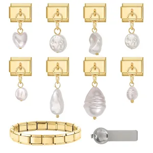 Italienisches Charm-Armband Set aus goldenem Edelstahl mit weißen Perlenanhängern
