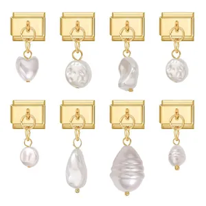 Italienischer Charm-Links Gold Edelstahl Armband Charms Herz Wassertropfen Barockperle Anhänger DIY Modulares Schmuckzubehör