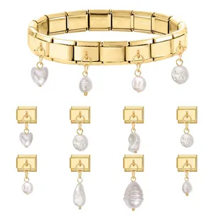 Goldenes italienisches Bettelarmband-Set mit Edelstahl-Gliedern und Perlenanhängern
