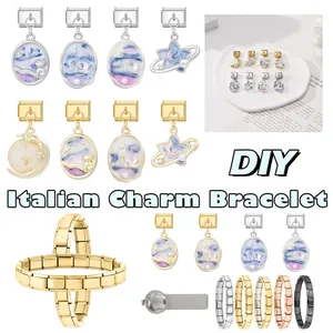 Detailed components of DIY Italian charm bracelets with celestial star and moon pendants