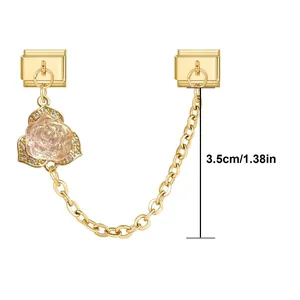 Detail of rose charm connector for modular bracelets with pink petals and 3.5cm chain